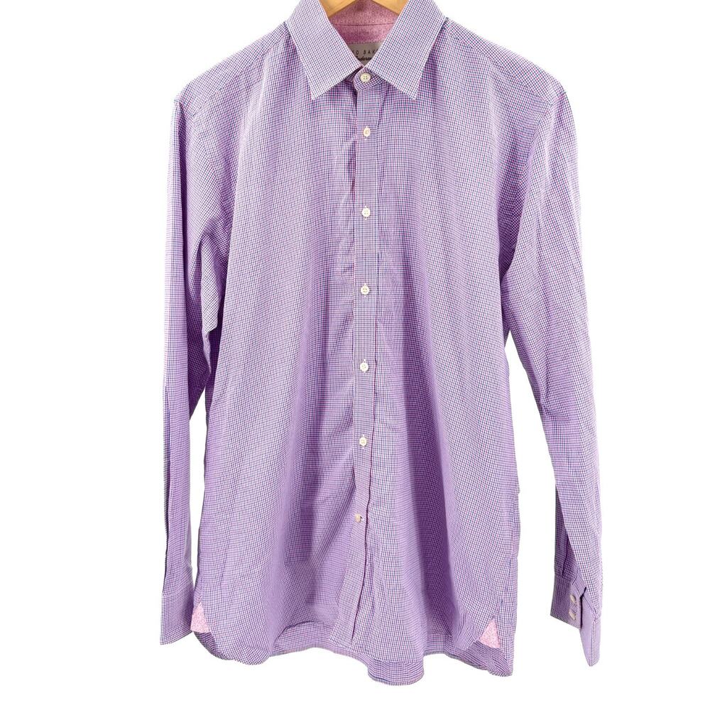 Ted Baker Endurance Pink Blue Check 100% Cotton Floral Trim Dress Shirt